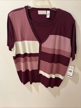 Alfred Dunner Burgundy, Pink & Cream Striped Short-Sleeve Button Cardigan